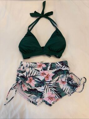 Dark Green Halter Bikini Top with Tropical Floral Drawstring Shorts Small